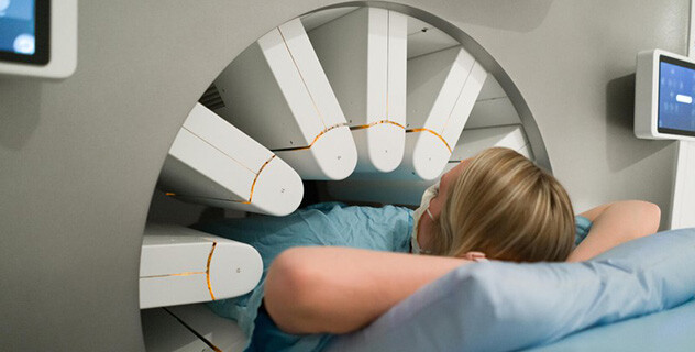 A person undergoing a SPECT scan